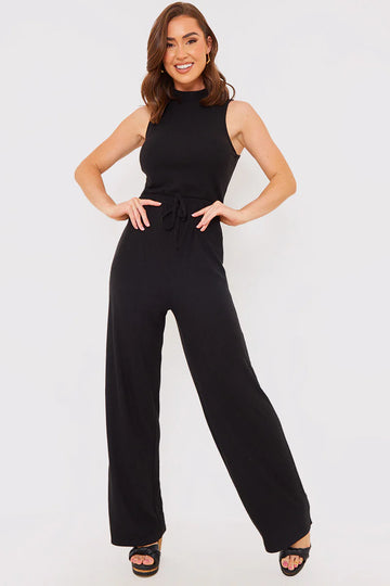 Black Rib Wide Leg Jumpsuit